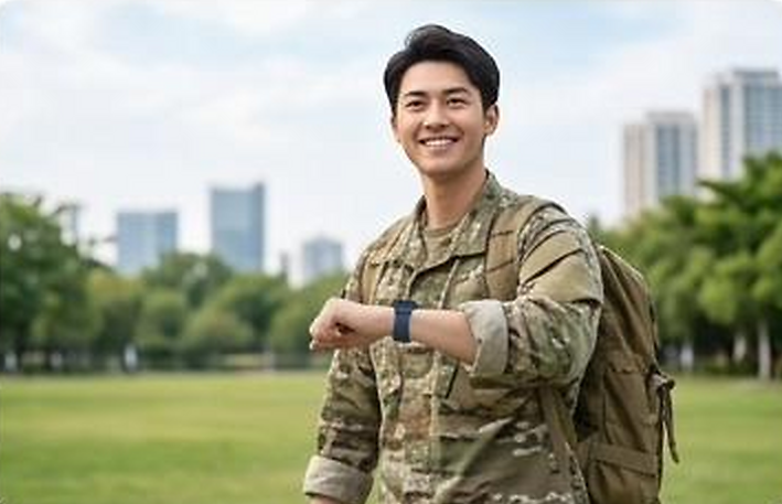 A service member checking the NU._.IRA Band on their wrist